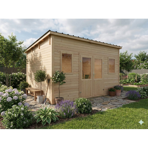 Abri de jardin bois massif 10,27 m² - madriers 28 mm - toit monopente bac acier - double porte vitrée + fenêtres - HABRITA