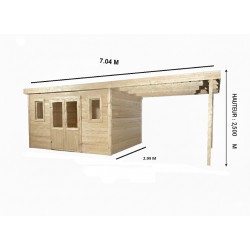 Abri de jardin bois avec terrasse 21,05 m² – madriers 28 mm – toit monopente acier – double porte vitrée + fenêtres de marque HABRITA, référence: J9554100