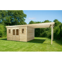 Abri de jardin bois avec terrasse 21,05 m² – madriers 28 mm – toit monopente acier – double porte vitrée + fenêtres - HABRITA