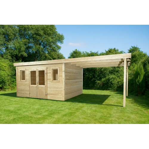 Abri de jardin bois avec terrasse 21,05 m² – madriers 28 mm – toit monopente acier – double porte vitrée + fenêtres - HABRITA