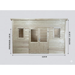 Abri de jardin bois massif 14,02 m² – madriers 28 mm – toit monopente acier – double porte vitrée + fenêtres de marque HABRITA, référence: J9554200