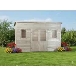 Abri de jardin bois massif 14,02 m² – madriers 28 mm – toit monopente acier – double porte vitrée + fenêtres - HABRITA