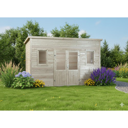 Abri de jardin bois massif 14,02 m² – madriers 28 mm – toit monopente acier – double porte vitrée + fenêtres - HABRITA