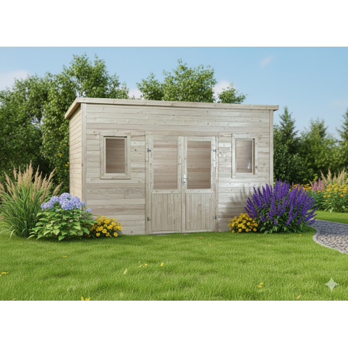 Abri de jardin bois massif 14,02 m² – madriers 28 mm – toit monopente acier – double porte vitrée + fenêtres - HABRITA