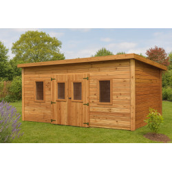 Abri de jardin bois massif 14,02 m² – madriers 28 mm – toit monopente acier – double porte vitrée + fenêtres - HABRITA