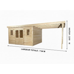 Abri de jardin bois avec terrasse 28,09 m² – madriers 28 mm – toit monopente acier – double porte vitrée + fenêtres de marque HABRITA, référence: J9554300