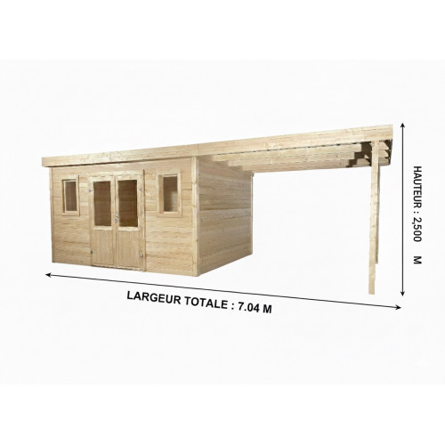 Abri de jardin bois avec terrasse 28,09 m² – madriers 28 mm – toit monopente acier – double porte vitrée + fenêtres - HABRITA