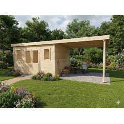Abri de jardin bois avec terrasse 28,09 m² – madriers 28 mm – toit monopente acier – double porte vitrée + fenêtres - HABRITA