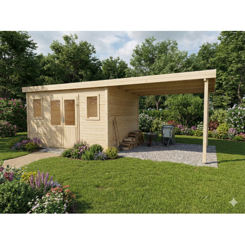Abri de jardin bois avec terrasse 28,09 m² – madriers 28 mm – toit monopente acier – double porte vitrée + fenêtres - HABRITA