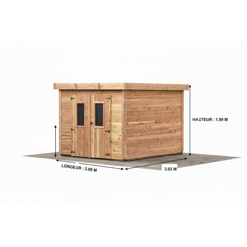 Abri de jardin bois massif 7,53 m² – madriers 28 mm – toit plat polycarbonate – double porte vitrée - HABRITA