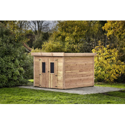 Abri de jardin bois massif 7,53 m² – madriers 28 mm – toit plat polycarbonate – double porte vitrée - HABRITA