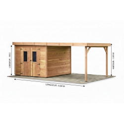 Abri de jardin bois avec bûcher 7,53 m² – madriers 28 mm – toit plat polycarbonate – double porte vitrée de marque HABRITA, référence: J9554500