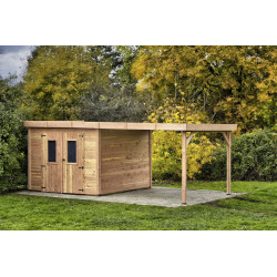 Abri de jardin bois avec bûcher 7,53 m² – madriers 28 mm – toit plat polycarbonate – double porte vitrée - HABRITA