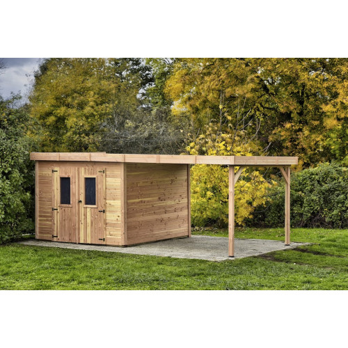Abri de jardin bois avec bûcher 7,53 m² – madriers 28 mm – toit plat polycarbonate – double porte vitrée - HABRITA