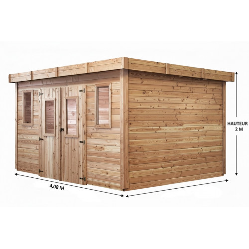 Abri de jardin bois massif 10,27 m² – madriers 28 mm – toit plat polycarbonate – double porte vitrée + fenêtres - HABRITA