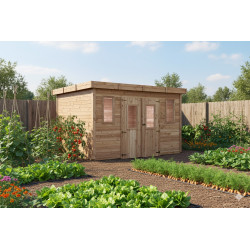 Abri de jardin bois massif 10,27 m² – madriers 28 mm – toit plat polycarbonate – double porte vitrée + fenêtres - HABRITA