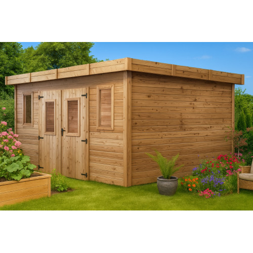 Abri de jardin bois massif 10,27 m² – madriers 28 mm – toit plat polycarbonate – double porte vitrée + fenêtres - HABRITA