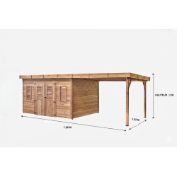Abri de jardin bois massif avec bûcher 10,25 m² – madriers 28 mm – toit plat polycarbonate – double porte vitrée de marque HABRITA, référence: J9554700