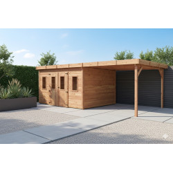 Abri de jardin bois massif avec bûcher 10,25 m² – madriers 28 mm – toit plat polycarbonate – double porte vitrée - HABRITA