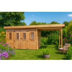 Abri de jardin bois massif avec bûcher 14,02 m² – madriers 28 mm – toit plat polycarbonate – double porte vitrée de marque HABRITA, référence: J9554800