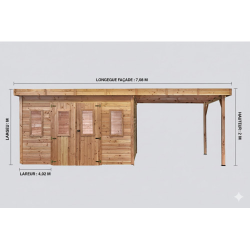 Abri de jardin bois massif avec bûcher 14,02 m² – madriers 28 mm – toit plat polycarbonate – double porte vitrée - HABRITA