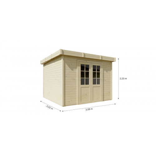 Abri de jardin bois massif 7,53 m² - madriers 28 mm - toit plat bac acier - double porte vitrée sécurisée - HABRITA