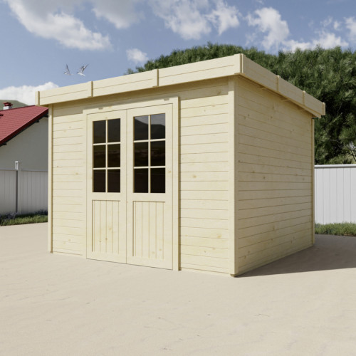 Abri de jardin bois massif 7,53 m² - madriers 28 mm - toit plat bac acier - double porte vitrée sécurisée - HABRITA