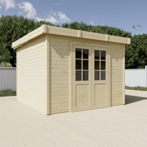 Abri de jardin bois massif 7,53 m² - madriers 28 mm - toit plat bac acier - double porte vitrée sécurisée - HABRITA