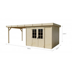 Abri de jardin bois massif avec terrasse 7,51 m² – madriers 28 mm – toit plat acier – double porte vitrée de marque HABRITA, référence: J9555000