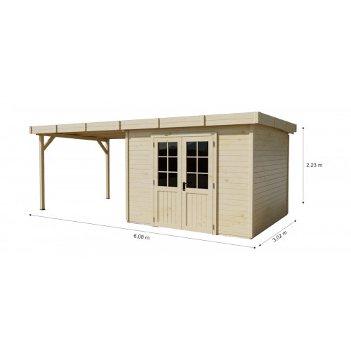 Abri de jardin bois massif avec terrasse 7,51 m² – madriers 28 mm – toit plat acier – double porte vitrée - HABRITA