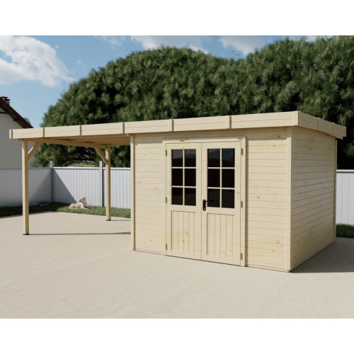 Abri de jardin bois massif avec terrasse 7,51 m² – madriers 28 mm – toit plat acier – double porte vitrée - HABRITA