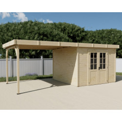 Abri de jardin bois massif avec terrasse 7,51 m² – madriers 28 mm – toit plat acier – double porte vitrée - HABRITA