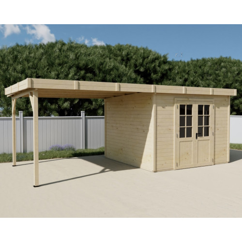 Abri de jardin bois massif avec terrasse 7,51 m² – madriers 28 mm – toit plat acier – double porte vitrée - HABRITA