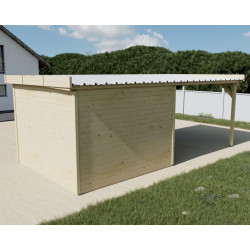Abri de jardin bois massif avec terrasse 7,51 m² – madriers 28 mm – toit plat acier – double porte vitrée - HABRITA