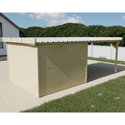 Abri de jardin bois massif avec terrasse 7,51 m² – madriers 28 mm – toit plat acier – double porte vitrée - HABRITA