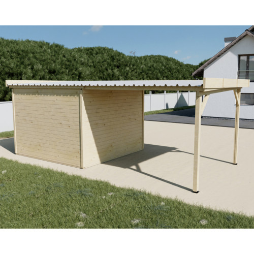 Abri de jardin bois massif avec terrasse 7,51 m² – madriers 28 mm – toit plat acier – double porte vitrée - HABRITA