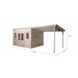 Abri de jardin bois massif avec bûcher 10,25 m² – madriers 28 mm – toit plat acier – double porte vitrée sécurisée de marque HABRITA, référence: J9555100