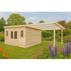 Abri de jardin bois massif avec bûcher 10,25 m² – madriers 28 mm – toit plat acier – double porte vitrée sécurisée - HABRITA