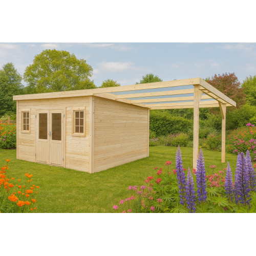 Abri de jardin bois massif avec bûcher 10,25 m² – madriers 28 mm – toit plat acier – double porte vitrée sécurisée - HABRITA