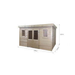 Abri de jardin bois massif 14,02 m² – madriers 28 mm – toit plat bac acier – double porte vitrée sécurisée de marque HABRITA, référence: J9555200