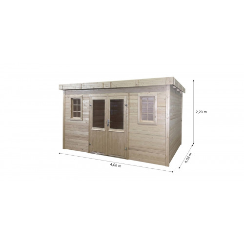 Abri de jardin bois massif 14,02 m² – madriers 28 mm – toit plat bac acier – double porte vitrée sécurisée - HABRITA