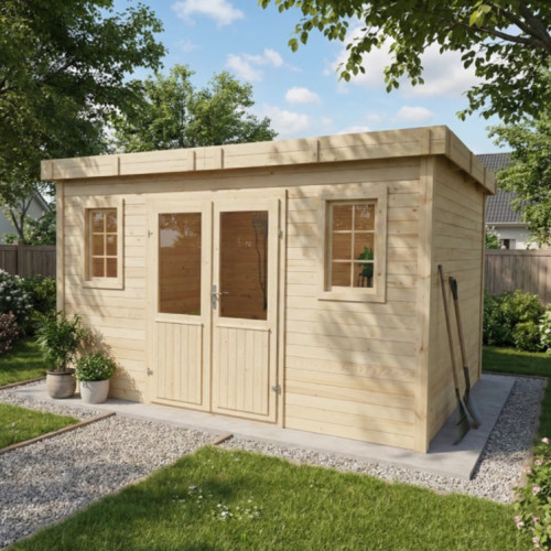 Abri de jardin bois massif 14,02 m² – madriers 28 mm – toit plat bac acier – double porte vitrée sécurisée - HABRITA