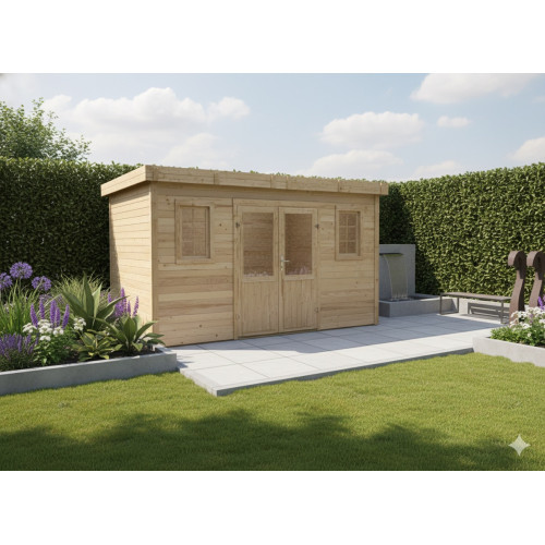 Abri de jardin bois massif 14,02 m² – madriers 28 mm – toit plat bac acier – double porte vitrée sécurisée - HABRITA