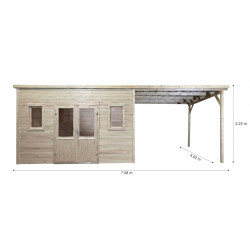 Abri de jardin bois massif avec terrasse 14,02 m² – madriers 28 mm – toit plat acier – double porte vitrée de marque HABRITA, référence: J9555300