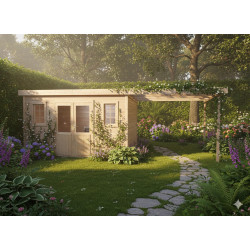 Abri de jardin bois massif avec terrasse 14,02 m² - madriers 28 mm - toit plat acier - double porte vitrée - HABRITA