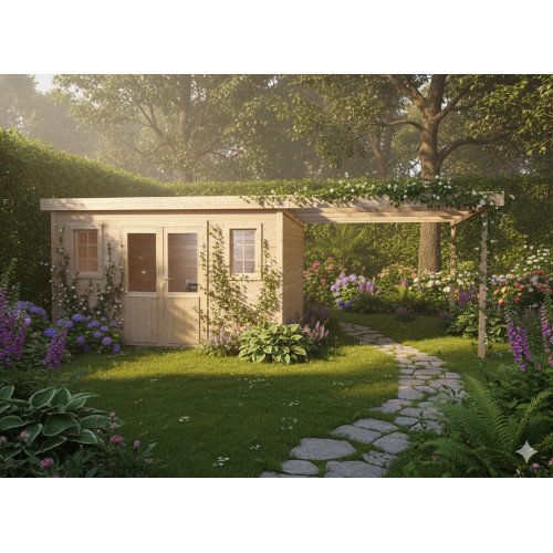 Abri de jardin bois massif avec terrasse 14,02 m² - madriers 28 mm - toit plat acier - double porte vitrée - HABRITA