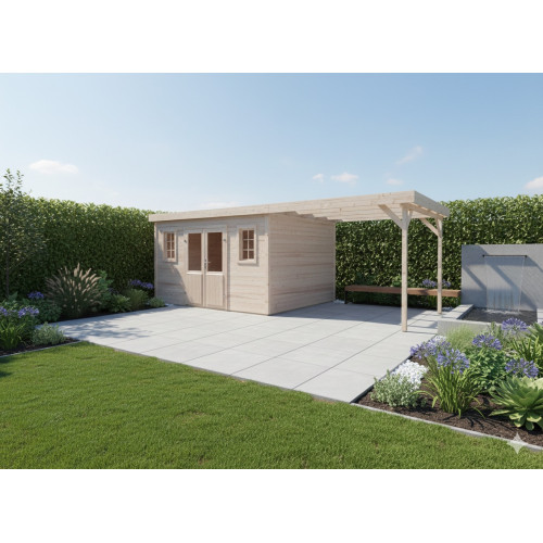 Abri de jardin bois massif avec terrasse 14,02 m² - madriers 28 mm - toit plat acier - double porte vitrée - HABRITA