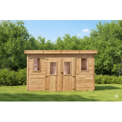 Abri de jardin bois massif 14,02 m² – madriers 28 mm – toit plat polycarbonate – double porte vitrée de marque HABRITA, référence: J9555400