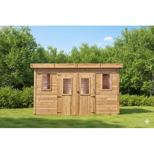 Abri de jardin bois massif 14,02 m² – madriers 28 mm – toit plat polycarbonate – double porte vitrée - HABRITA