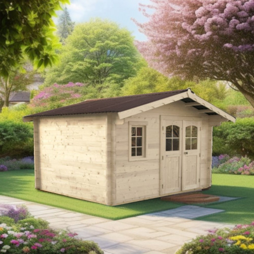 Abri de jardin bois massif 10,30 m² – madriers 42 mm – toit double pente – double porte vitrée - HABRITA